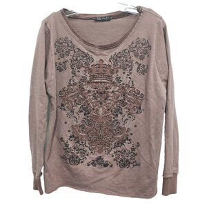 Urban‎ X Womens Whimsygoth Grunge Top Size Small Brown Embroidered Long Sleeve